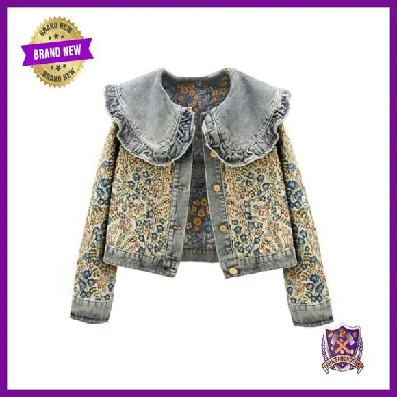 Long Sleeve Jacquard Denim Jacket Peter Pan Collar Button Front - Picture 2 of 7